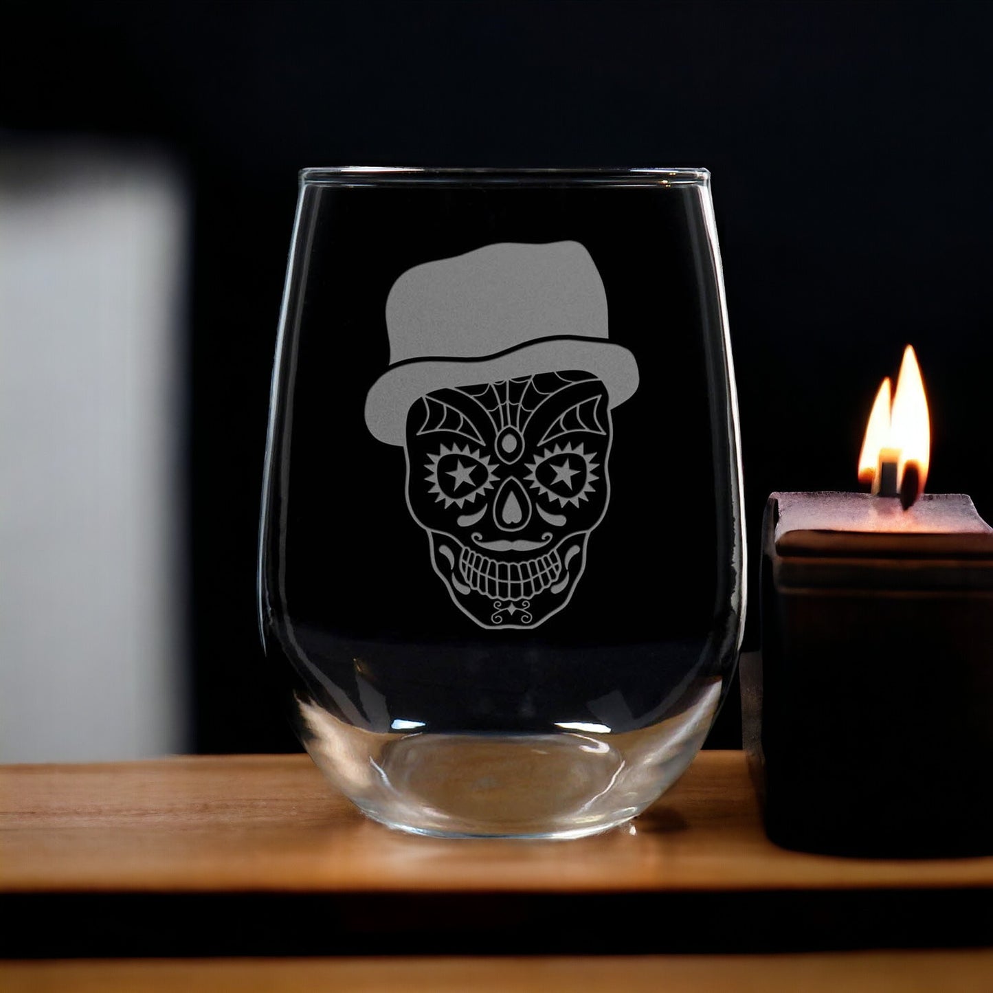 Male Sugar Skull 17oz Stemless Wine Glass - Sugar Skull Personalized Gift