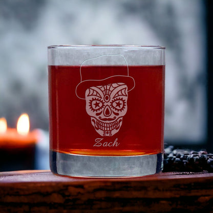 Sugar Skull with Hat Engraved 11oz Whiskey Glass