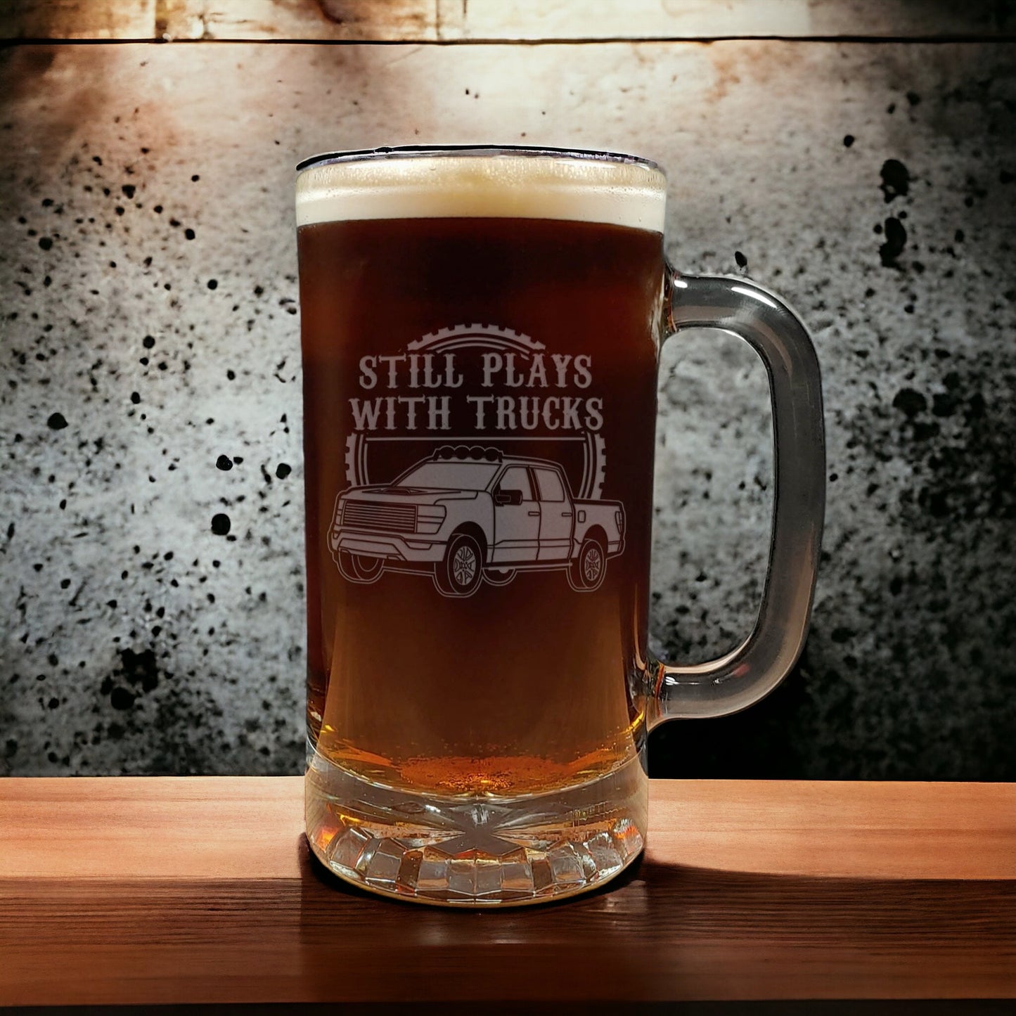 Truck Engraved 16oz Beer Mug - "Still Plays with Trucks" - Pickup Truck Beer Glass - Design 2 - Gift for Dad - Gift for Men