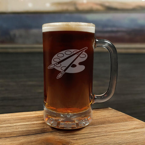 16oz Beer Mug with a design of Artist's Palette- Dark Beer - Copyright Hues in Glass
