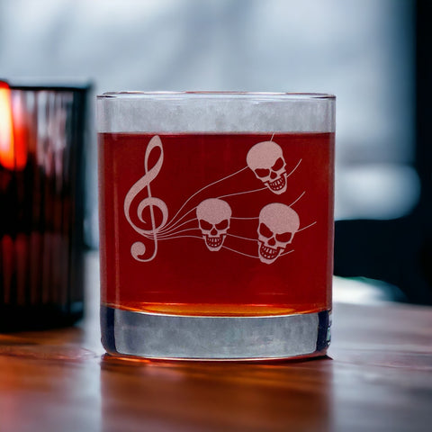 Music Staff  with Skull Notes Engraved 11oz Whiskey Glass - Free Personalization