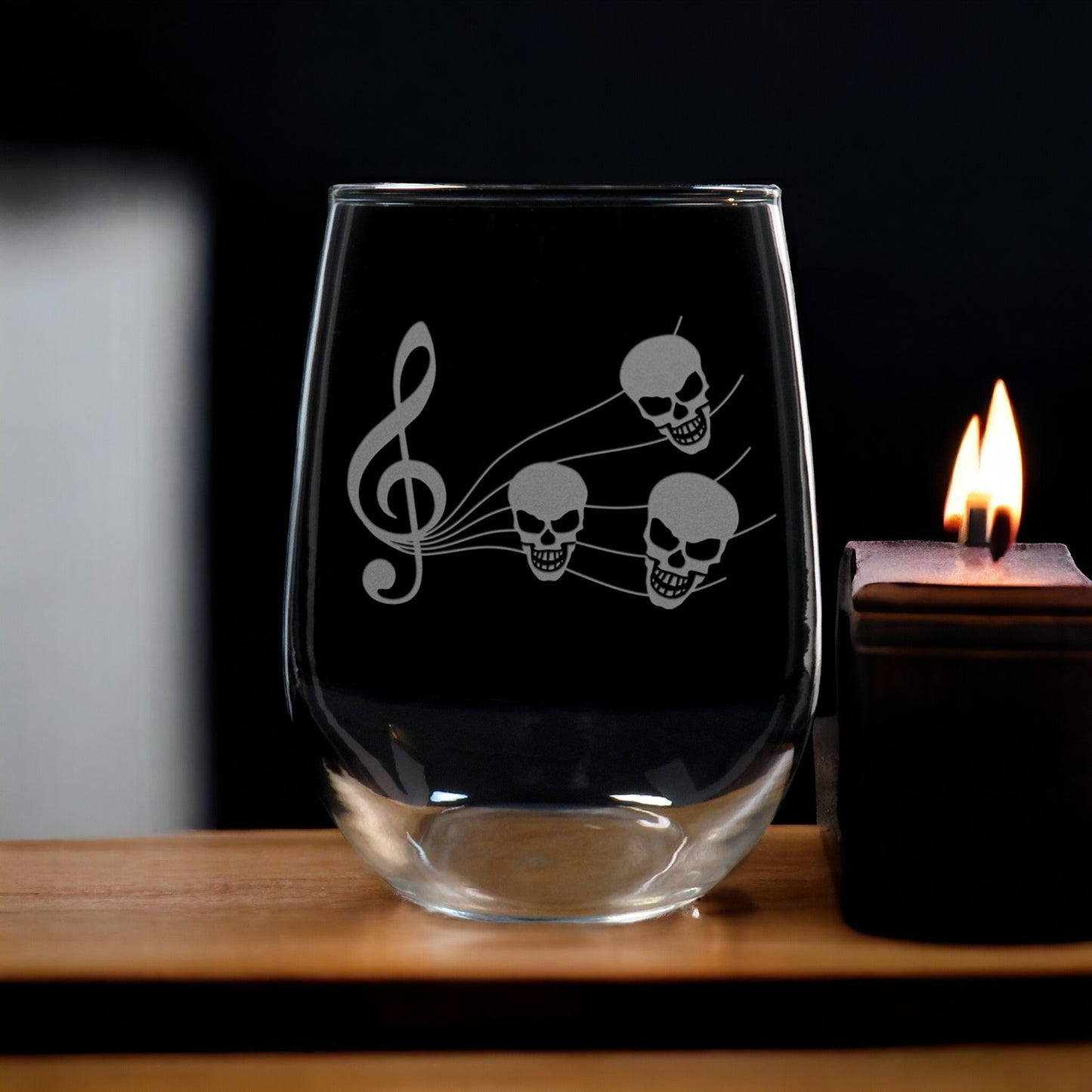 Music Staff with Skulls Music Notes 17oz Stemless Wine Glass - Personalized Gift