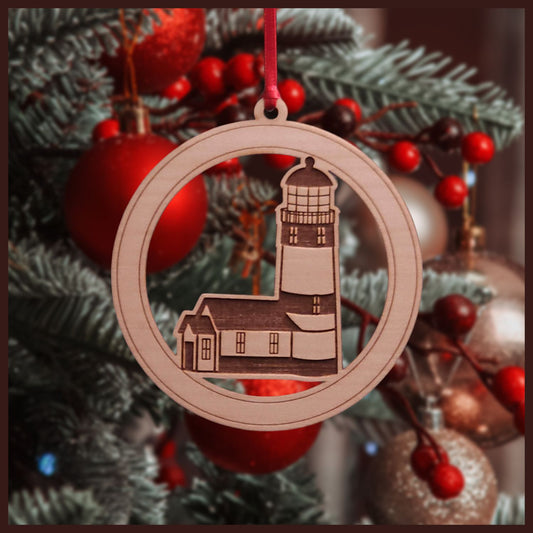 Maple Veneer Lighthouse Christmas tree ornament - Holiday Decor - Copyright Hues in Glass