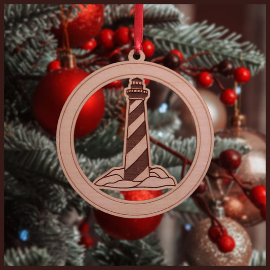 Maple Veneer Lighthouse Christmas tree ornament - Holiday Decor - Copyright Hues in Glass