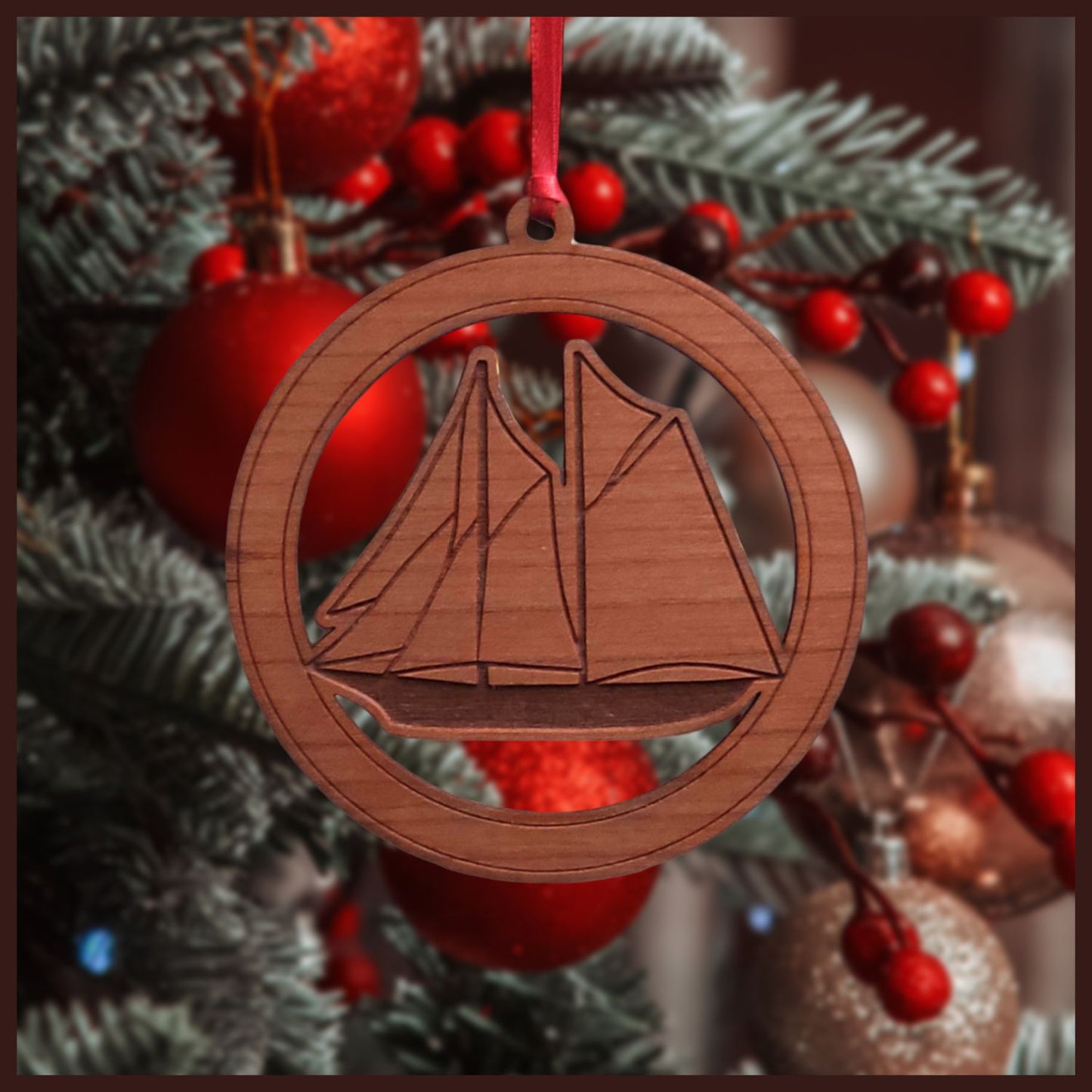 Cherry Veneer Sailing Ship Christmas tree ornament - Holiday Decor - Copyright Hues in Glass