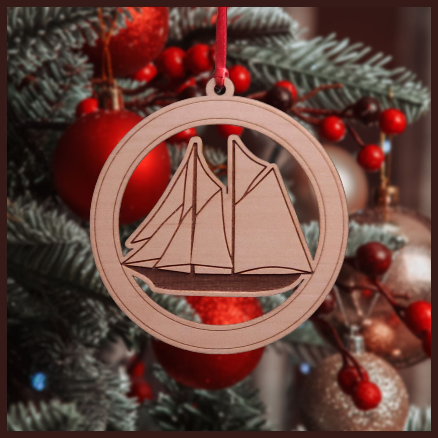 Maple Veneer Sailing Ship Christmas tree ornament - Holiday Decor - Copyright Hues in Glass