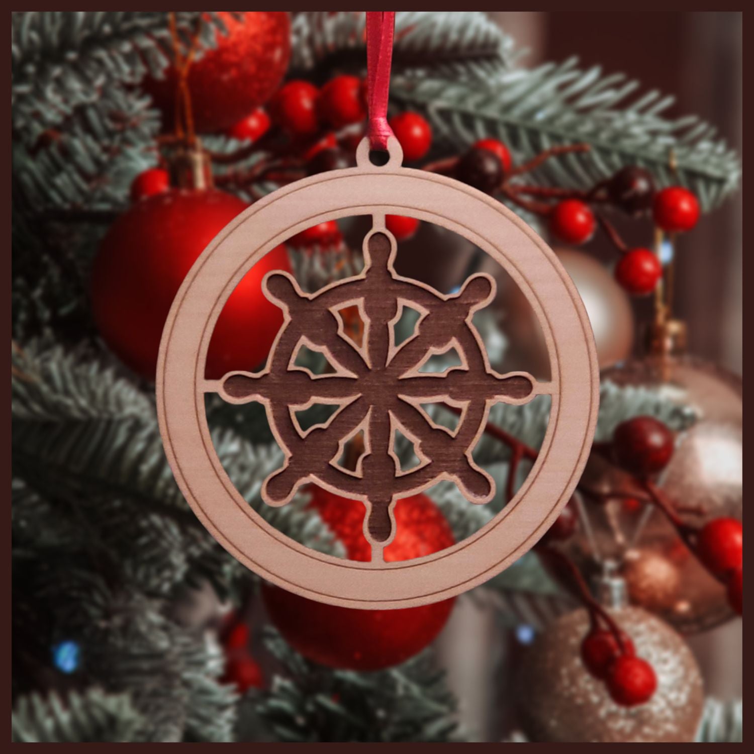 Maple Ship's Wheel Christmas tree ornament - Holiday Decor - Copyright Hues in Glass