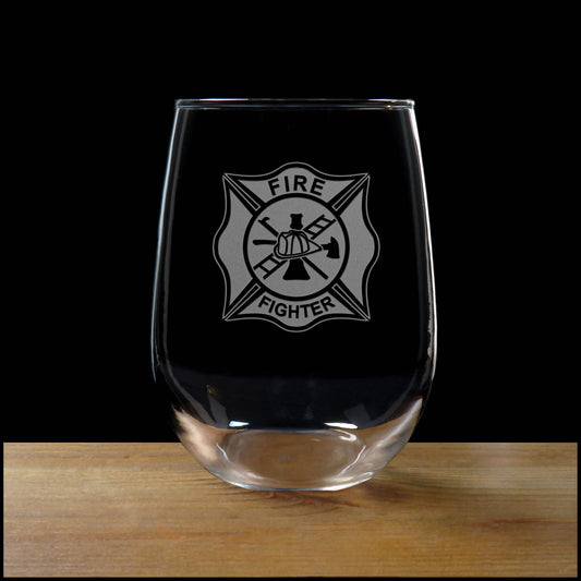 Fire Fighter Stemless Wine Glass - Design 2 -  Copyright Hues in Glass