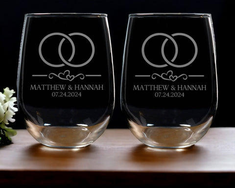  Stemless Wine Glass with a Wedding Rings design  and the names of the bride and groom and the date of the wedding.- Copyright Hues in Glass