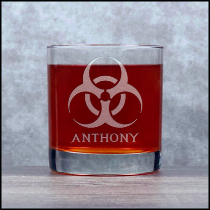 Biohazard Engraved 11oz Whiskey Glass - Science Teacher Gift