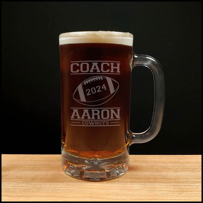 Football Coach Beer Mug With Team Name and Year - Copyright Hues in Glass