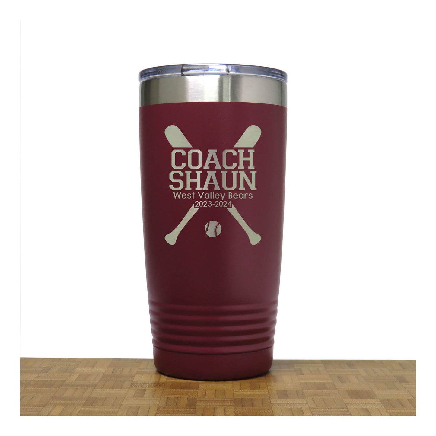 Maroon - Baseball Coach Insulated Tumbler - 20 oz Insulated Tumbler - Copyright Hues in Glass