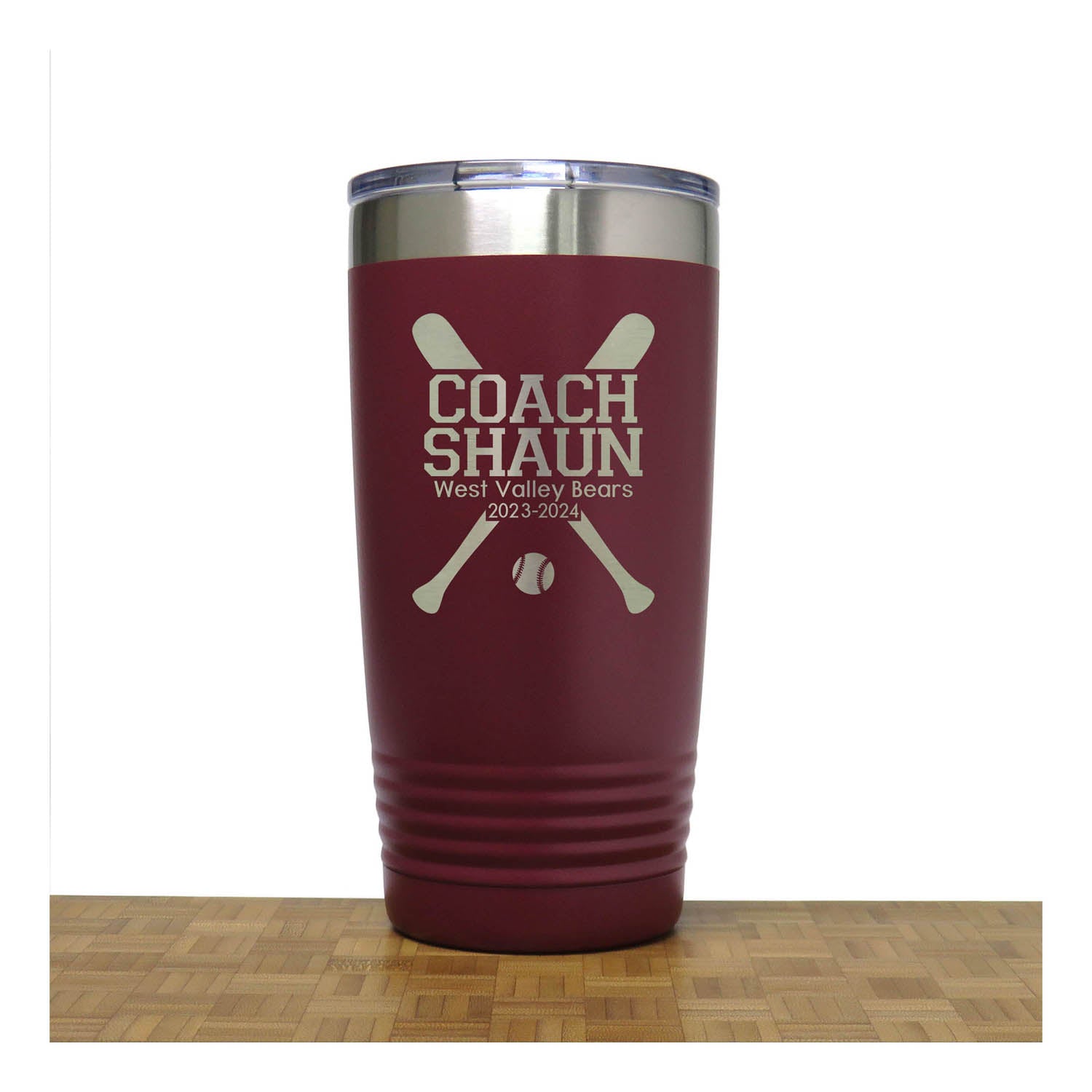 Maroon - Baseball Coach Insulated Tumbler - 20 oz Insulated Tumbler - Copyright Hues in Glass