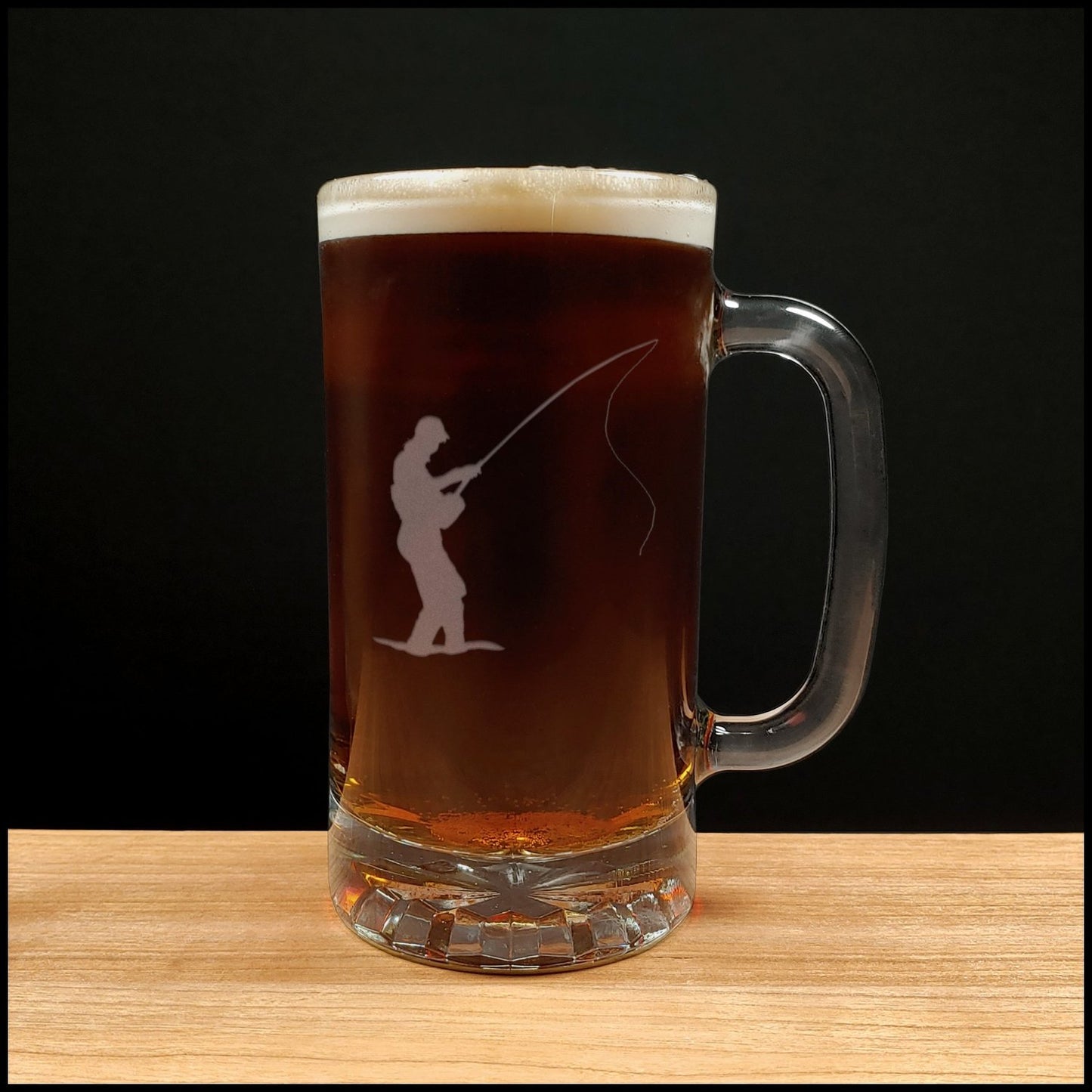 Fly Fisherman with Fish Beer Mug - Copyright Hues in Glass