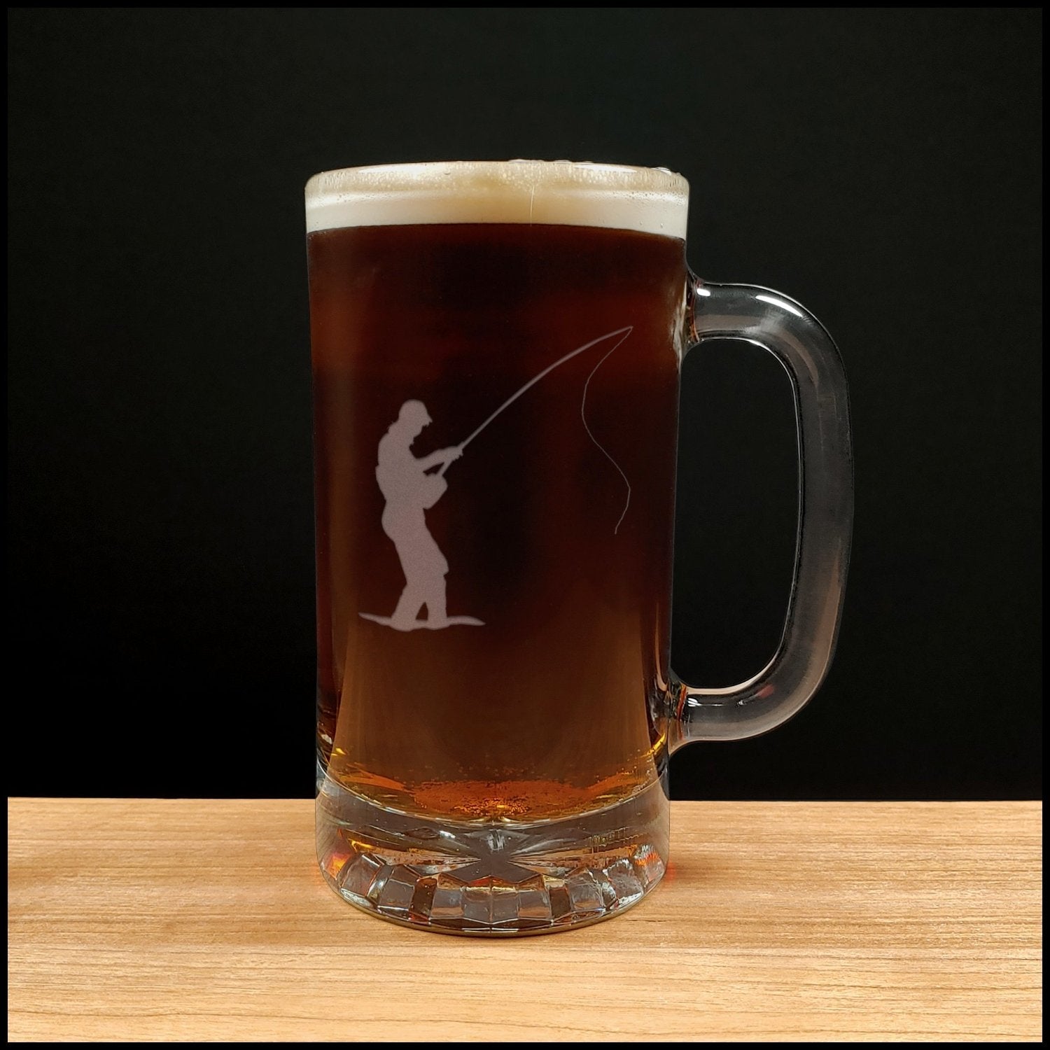 Fly Fisherman with Fish Beer Mug - Copyright Hues in Glass