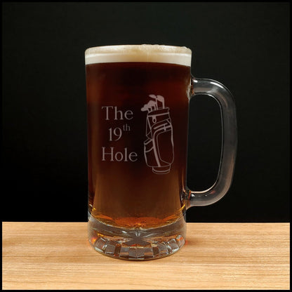 16oz Beer Mug Etched with a Golf bag and the words "The 19th Hole" - copyright Hues in Glass