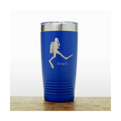 Blue with Name -  Scuba Diver Giant Step 20oz Insulated Tumbler - Copyright Hues in Glass