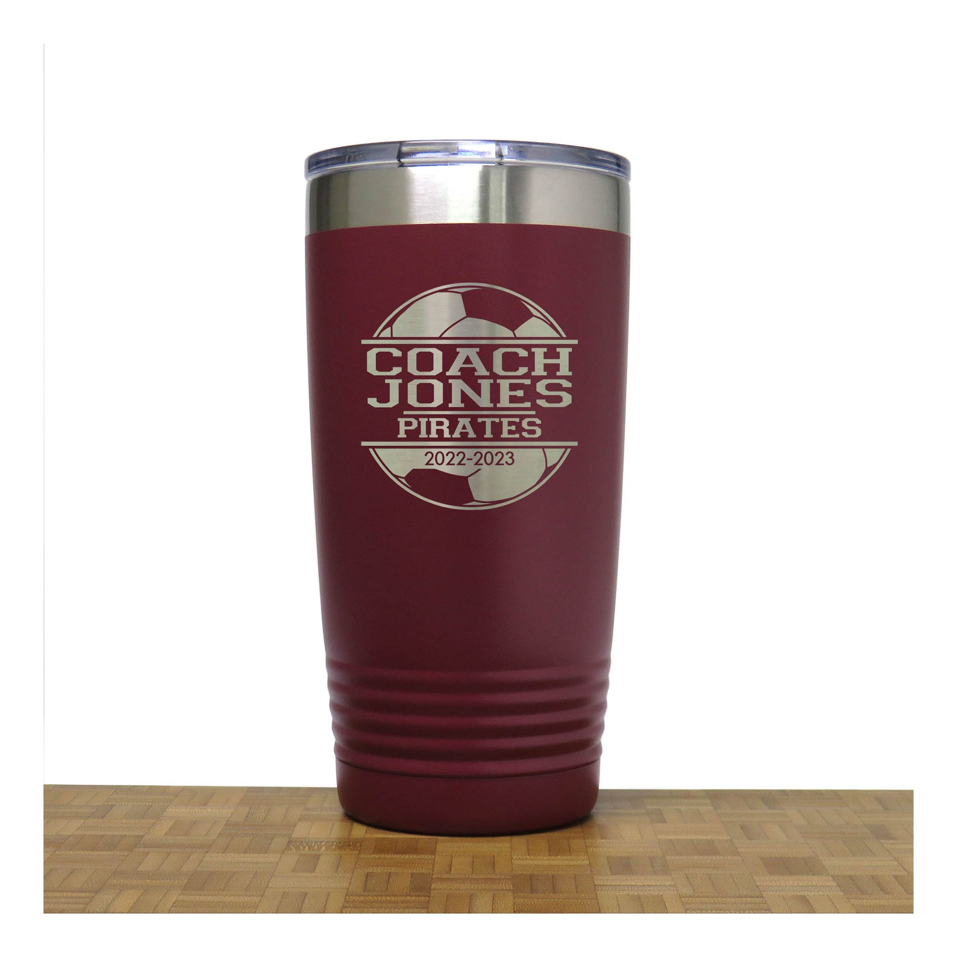 Maroon - Soccer Coach Insulated Tumbler - 20 oz Insulated Tumbler - Copyright Hues in Glass