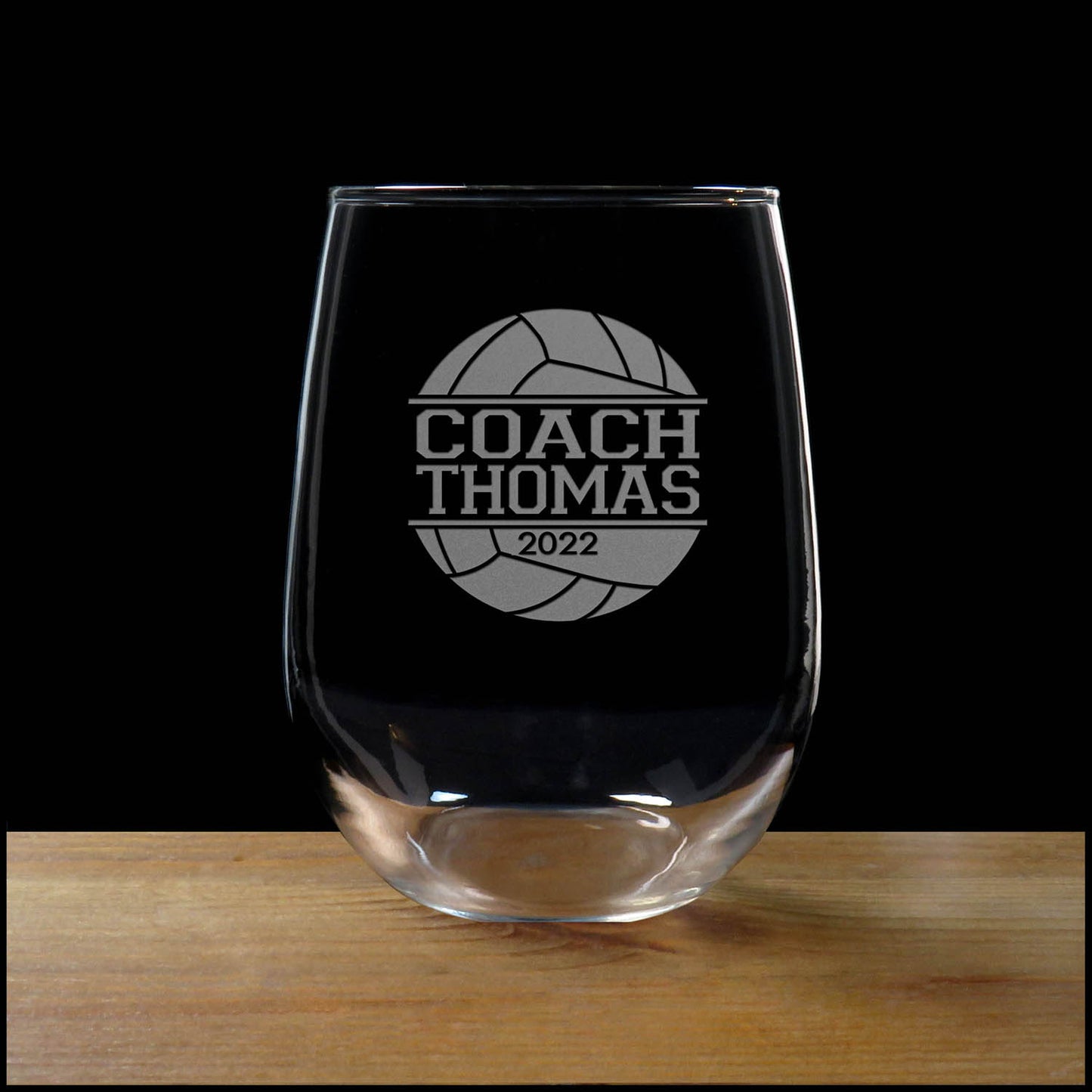 Volleyball  Coach Personalized Stemless Wine Glass with year - Copyright Hues in Glass