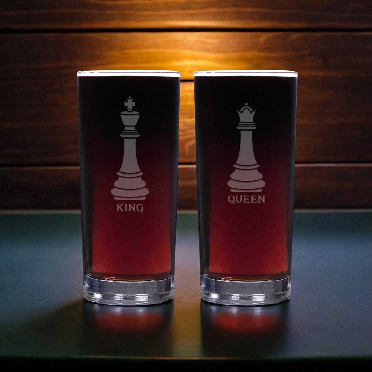 Set of 2 Chess Glass Cooler Glasses with an image of the King and Queen pieces - copyright Hues in Glass 