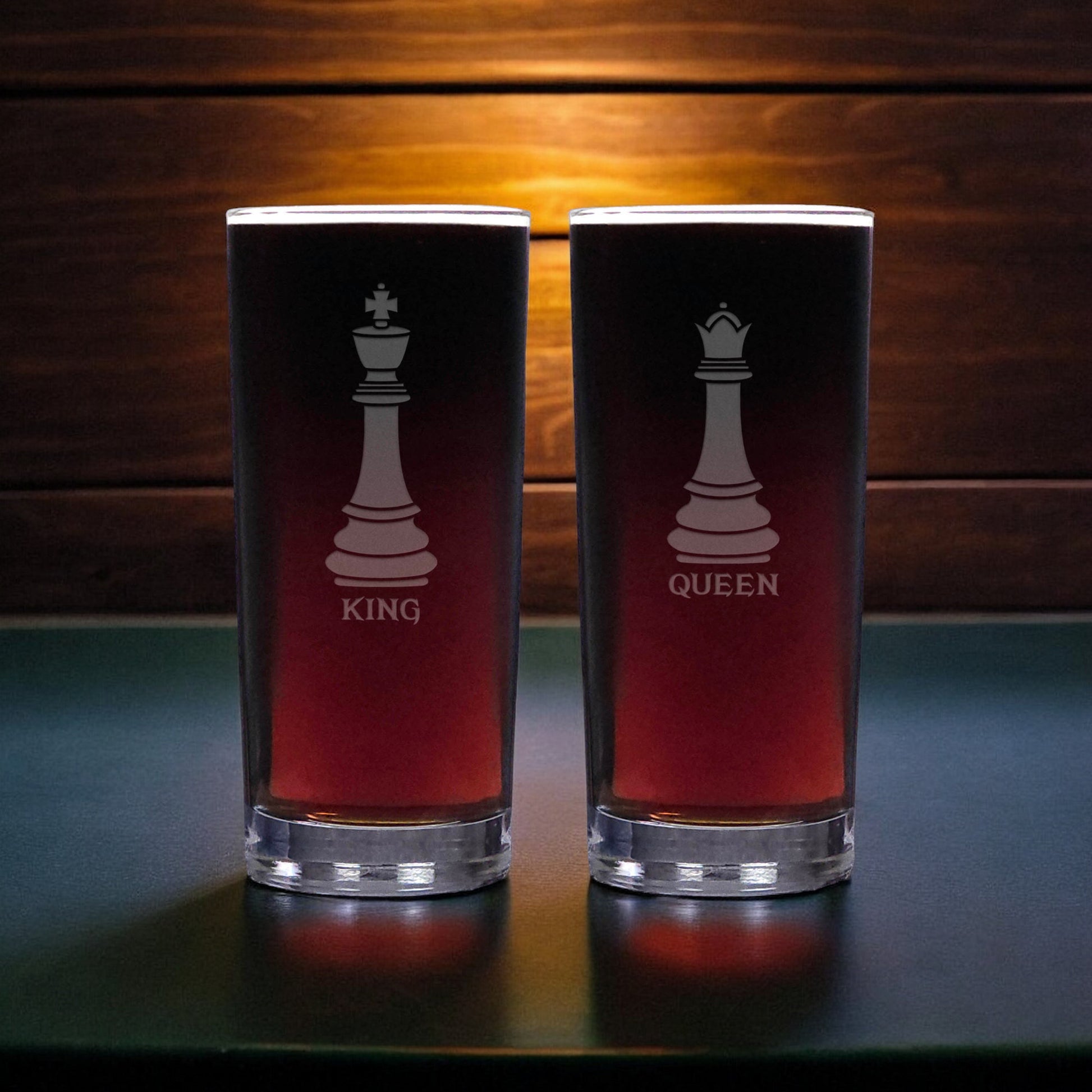 Set of 2 Chess Glass Cooler Glasses with an image of the King and Queen pieces - copyright Hues in Glass 