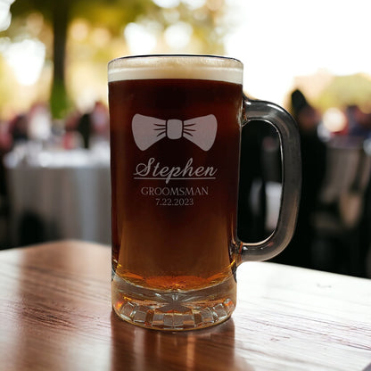 Bow tie groomsmen beer mugs are great gift ideas for your wedding party and can be customized for the Groom, Best Man, Father of the Bride and Groom, and Officiant. 