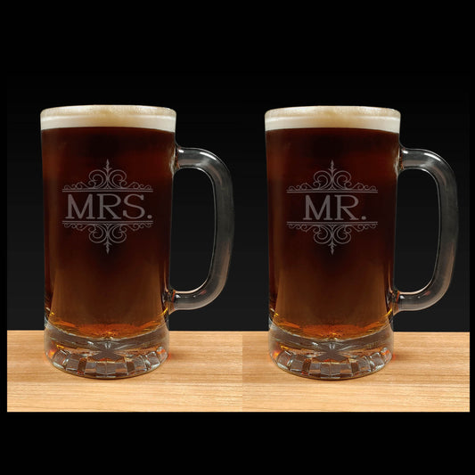 Set of 2 -Classical Mr. and Mrs. Beer Mugs - copyright Hues in Glass