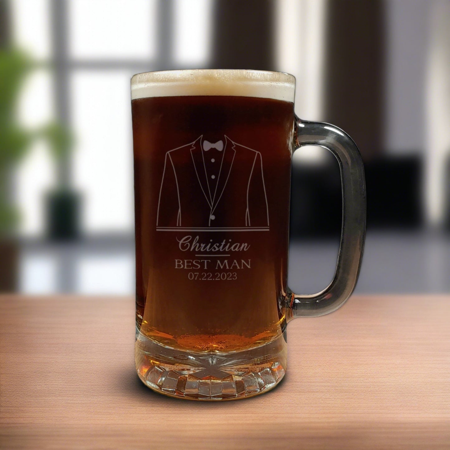 Best Man Tuxedo Beer Mug design - Dark Beer - Copyright Hues in Glass