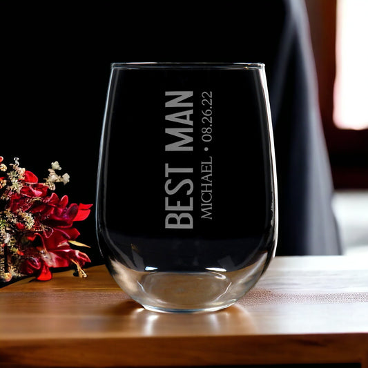 Best Man 17oz Stemless Wine Glass - Wedding Party Deeply Etched Personalized Gift for Best Man, Groomsman, Father of the Bride and Groom