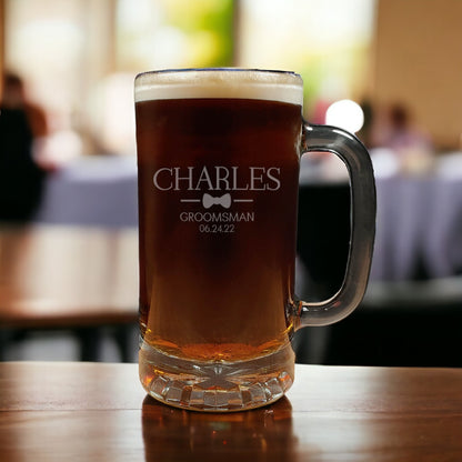 Groomsman personalized glass beer mugs - copyright Hues in Glass