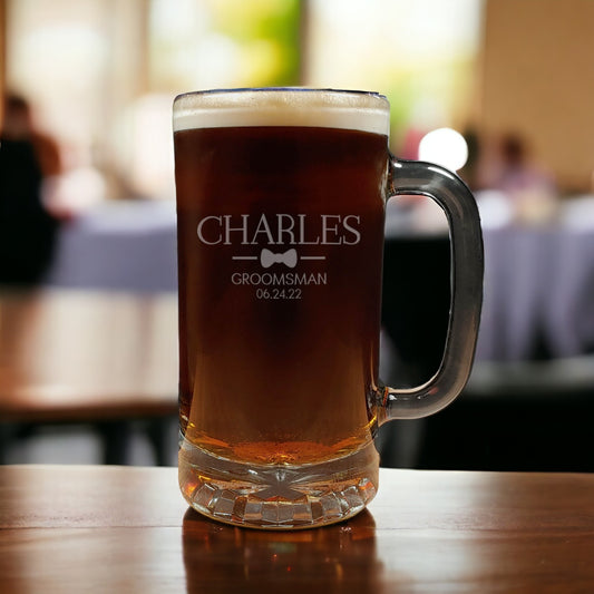 Groomsman personalized glass beer mugs - copyright Hues in Glass