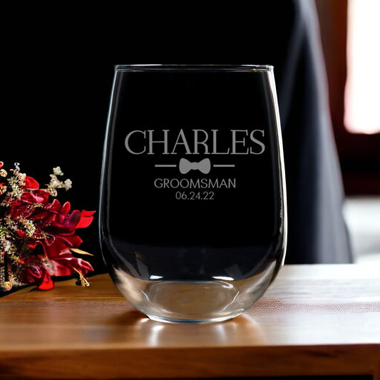 Groomsman Bow Tie 17oz Stemless Wine Glass - Gift for Wedding Party