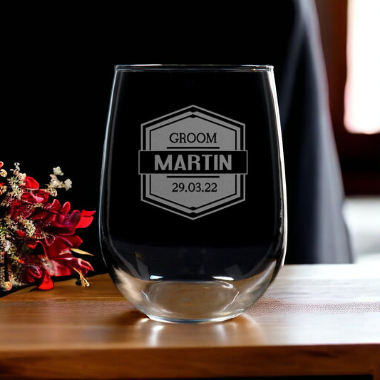 Groom Stemless Wine Glass - Copyright Hues in Glass