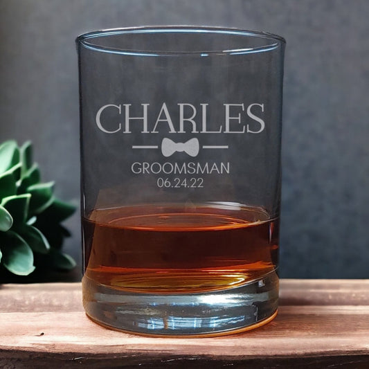 Groomsman 13oz Whisky Glass - personalized with Name , Title and Date of the wedding- Copyright Hues in Glass