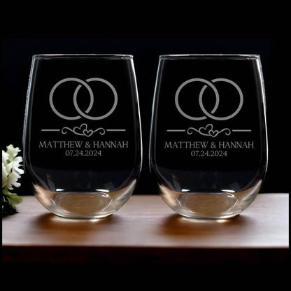 Wedding Rings 17oz Stemless Wine Glass - Gift for Happy Couple - Set of 2 Sandblasted Personalized Glasses - For Red and White Wine