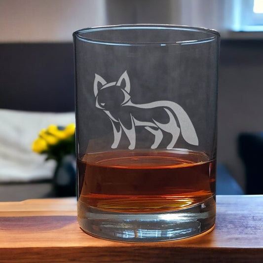 13 oz Whiskey Glass with an etched cute fox image - Copyright Hues in Glass