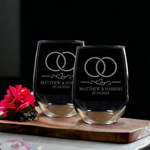 Wedding Rings 17oz Stemless Wine Glass - Gift for Happy Couple - Set of 2 Sandblasted Personalized Glasses