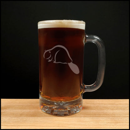 Beaver Beer Mug with Dark Beer - Design 2 - Copyright Hues in Glass