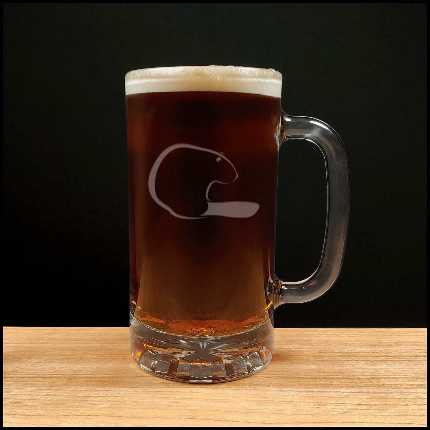 Beaver Beer Mug with Dark Beer - Design 2 - Copyright Hues in Glass