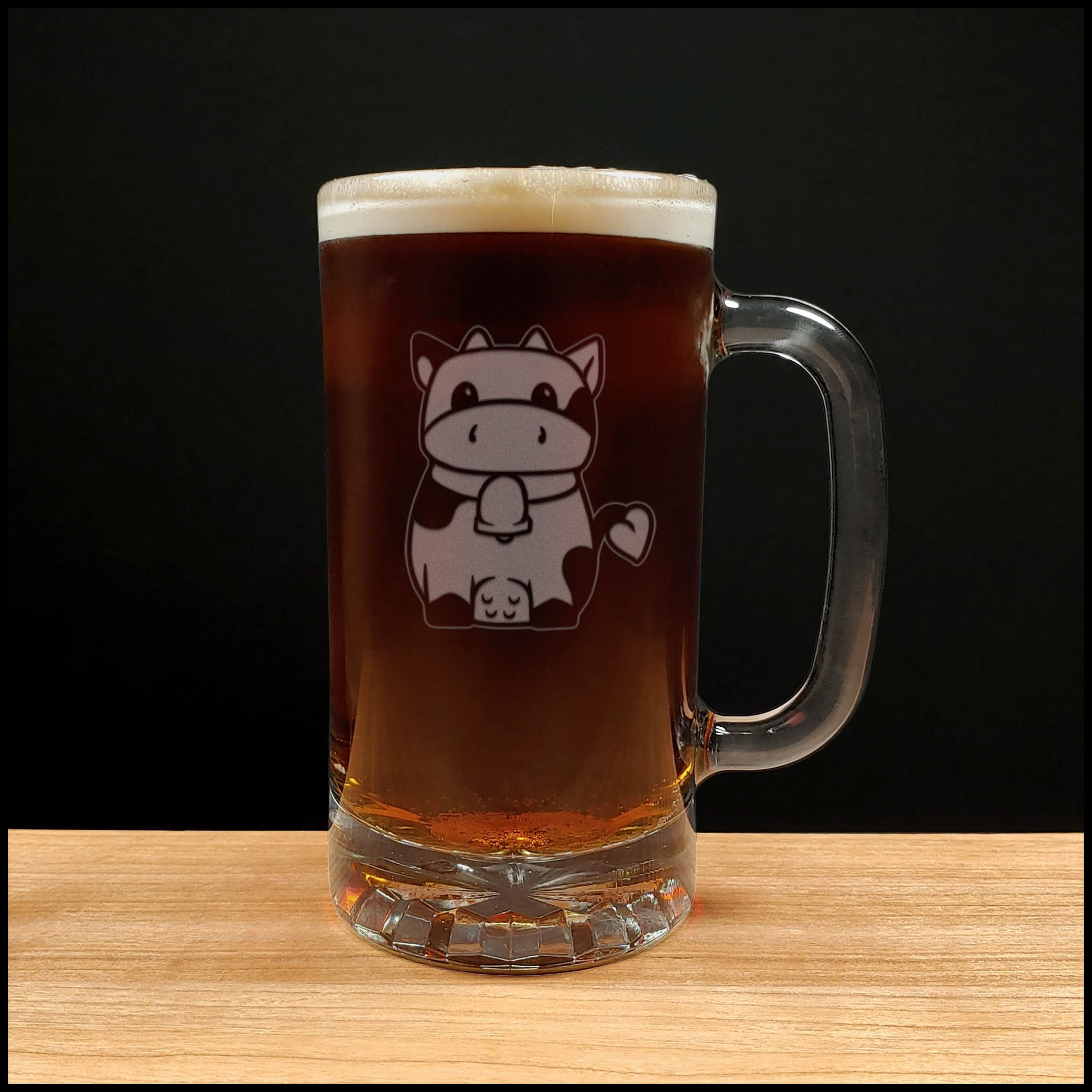 Cute Cow Beer Mug with Dark Beer - Design 2 -Copyright Hues in Glass