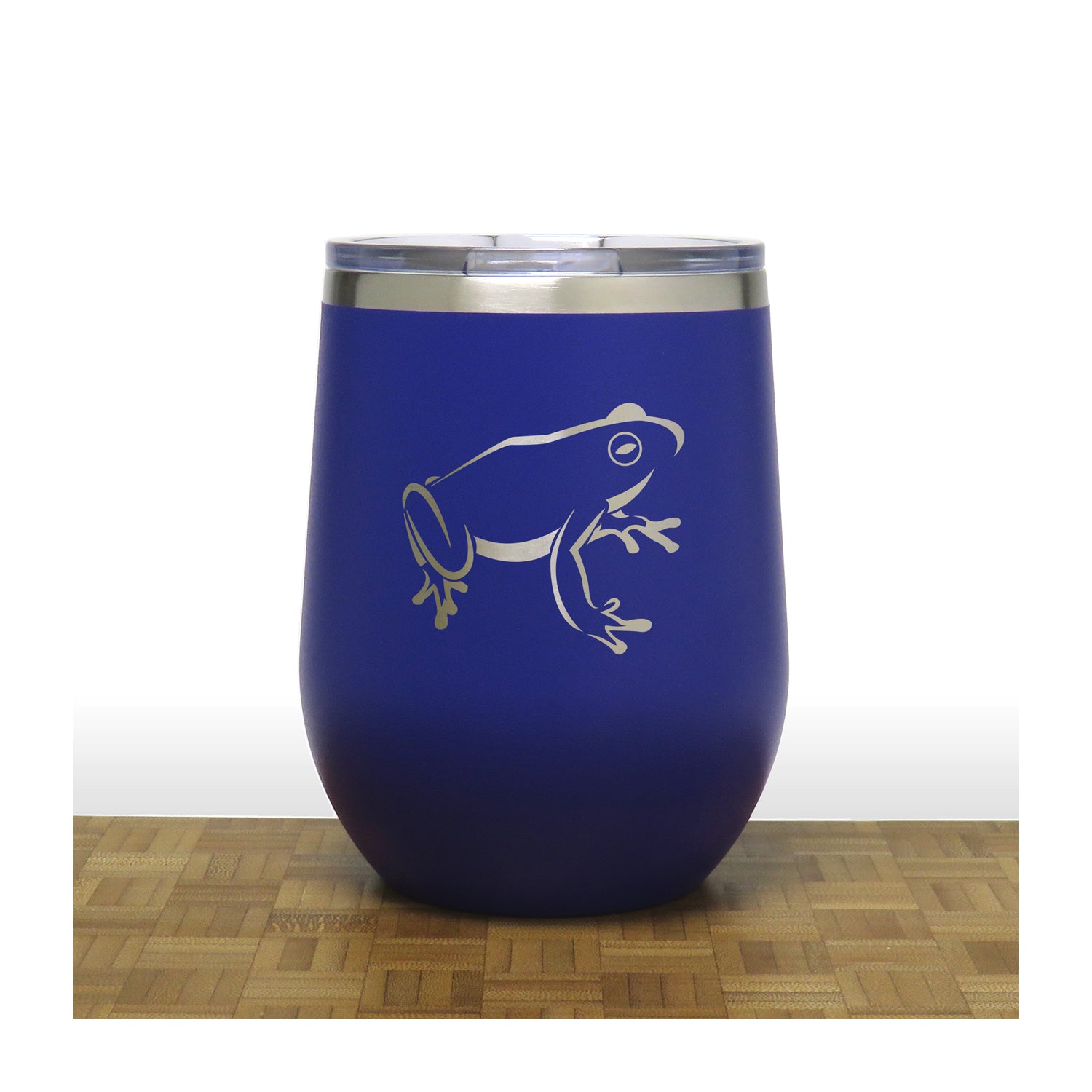 Blue - Sitting Frog PC 12oz STEMLESS WINE - Copyright Hues in Glass