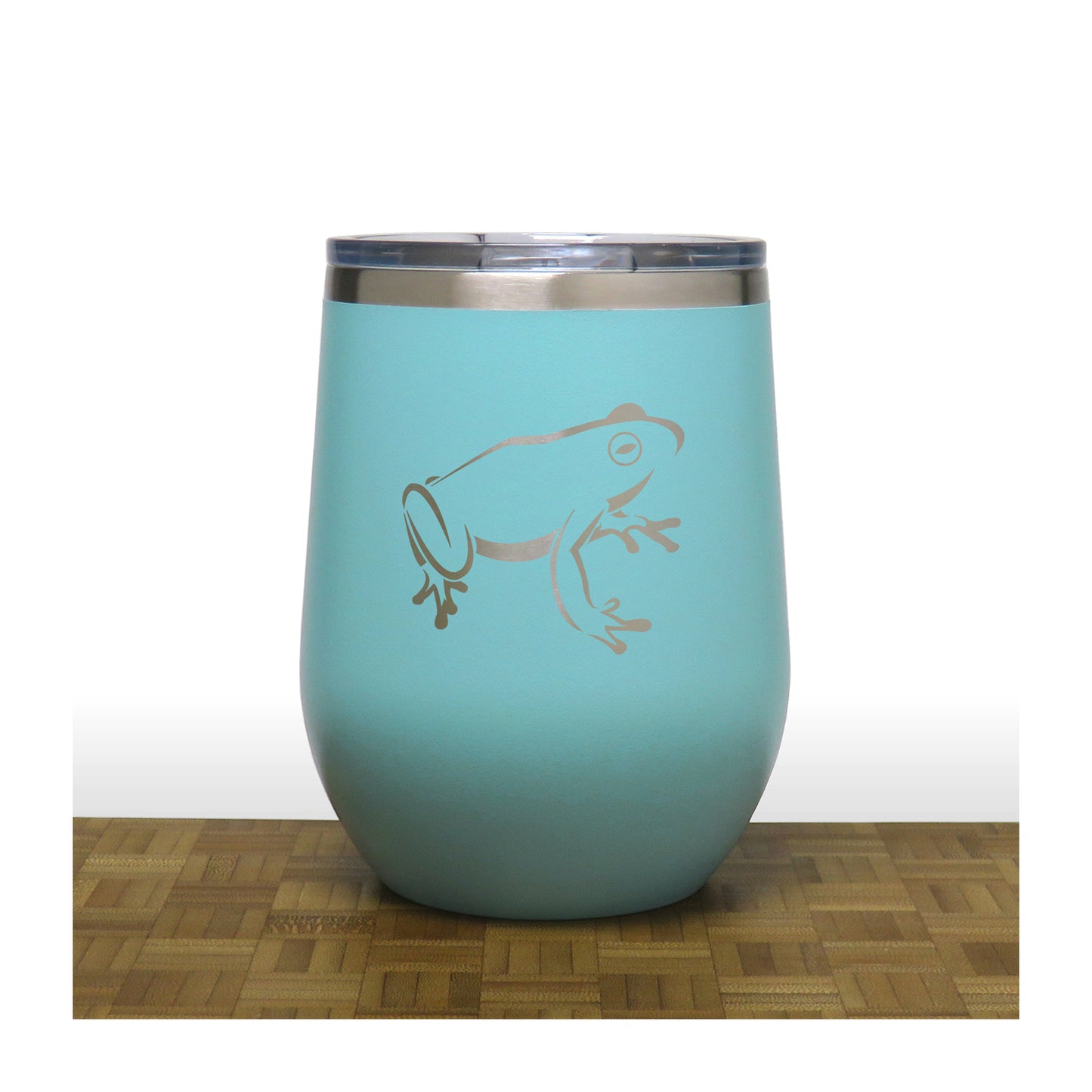 Teal - Sitting Frog PC 12oz STEMLESS WINE - Copyright Hues in Glass