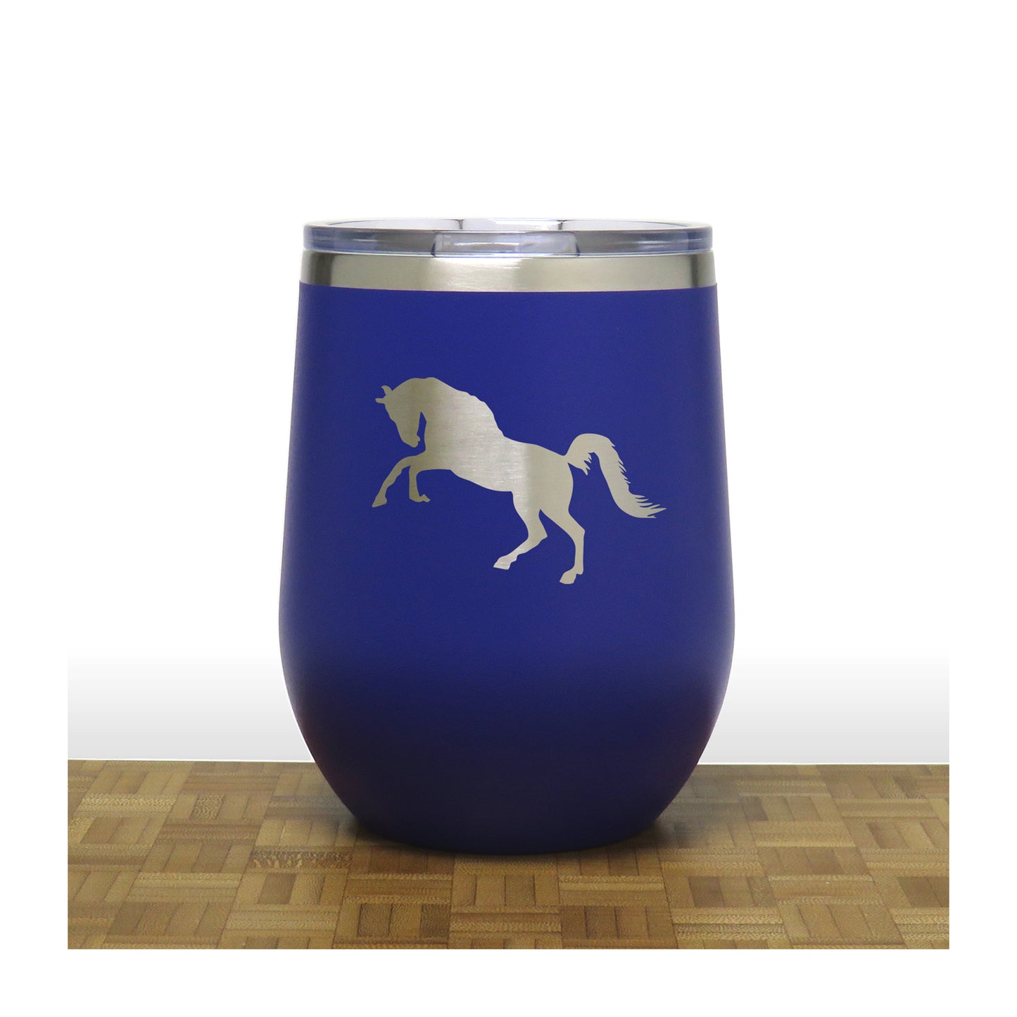 Blue - Rearing Horse PC 12oz STEMLESS WINE - Copyright Hues in Glass