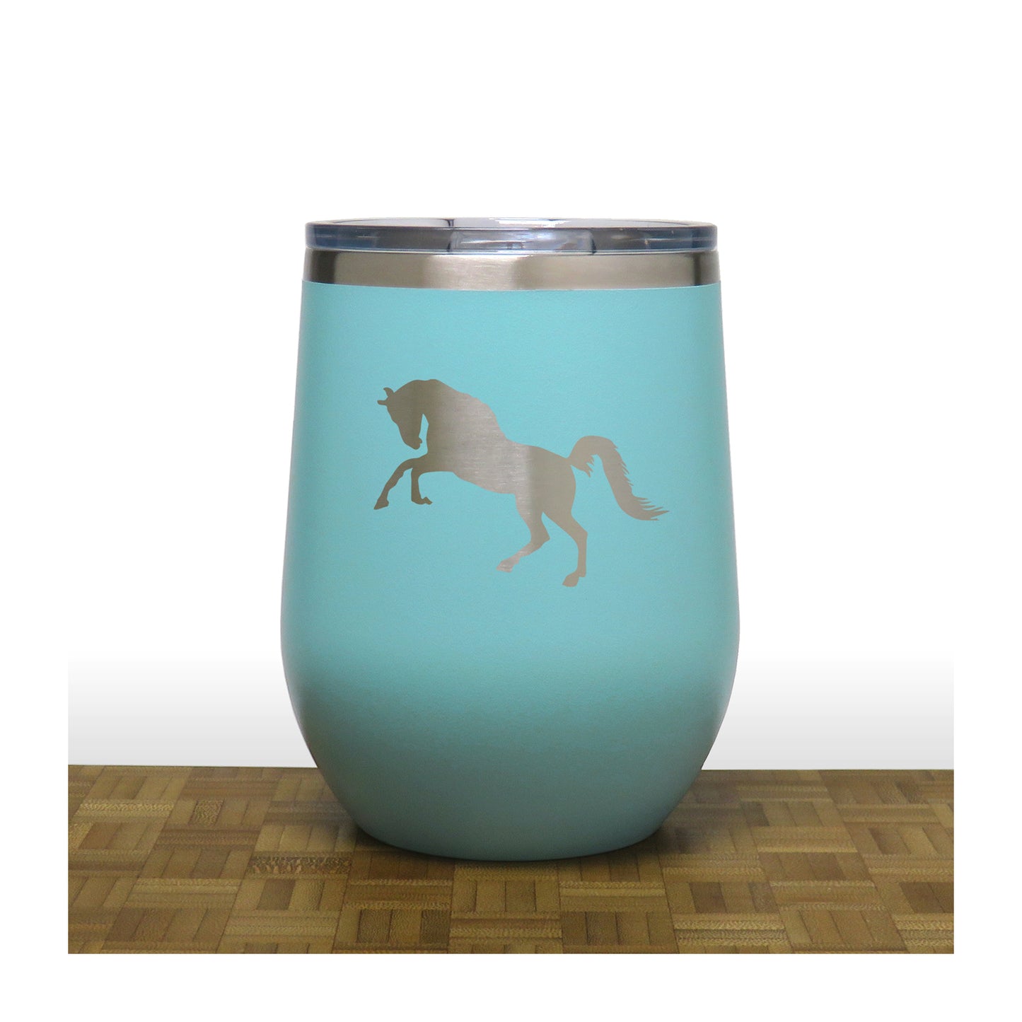 Teal - Rearing Horse PC 12oz STEMLESS WINE - Copyright Hues in Glass