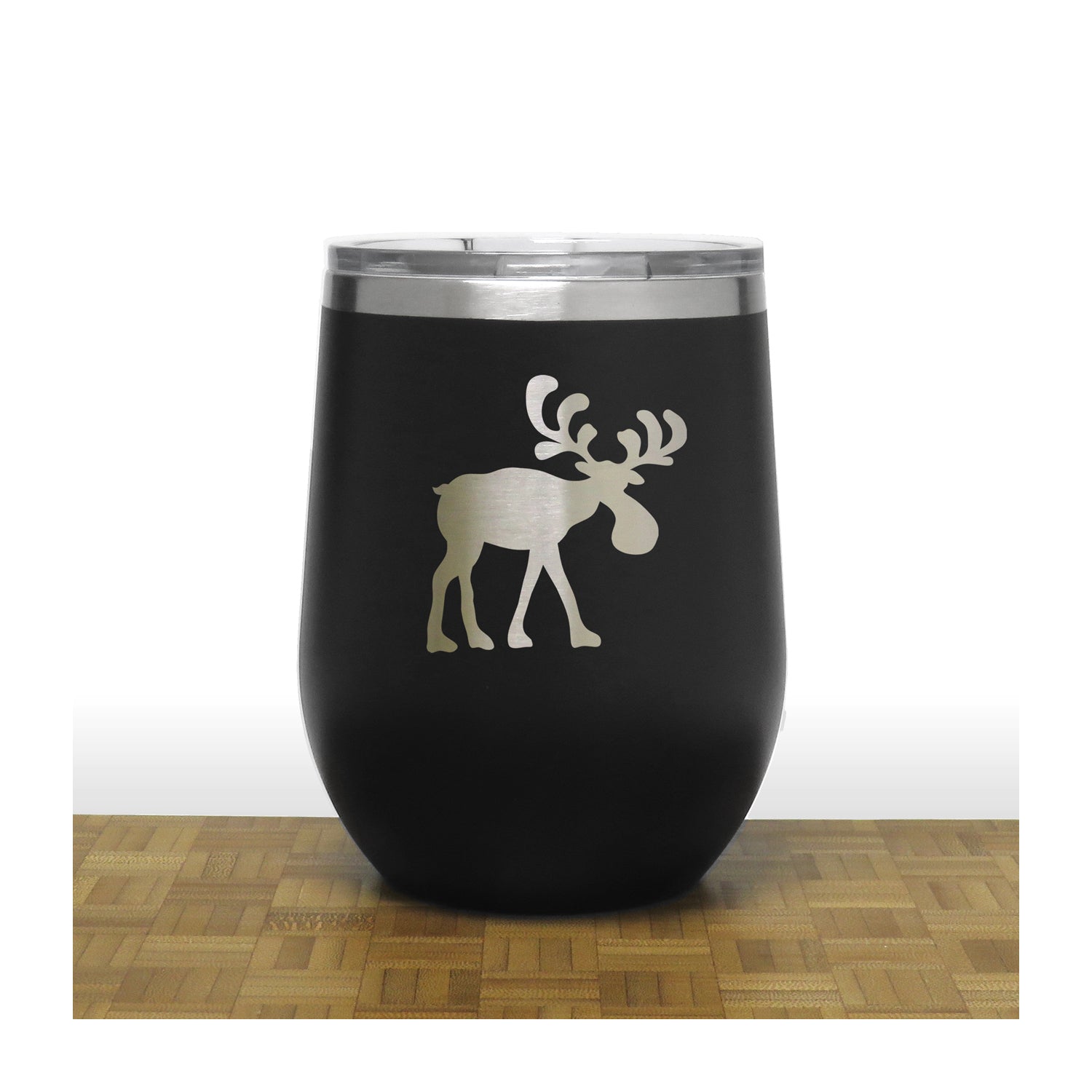 Black - Whimsical Moose Design 2 12oz STEMLESS WINE - Copyright Hues in Glass