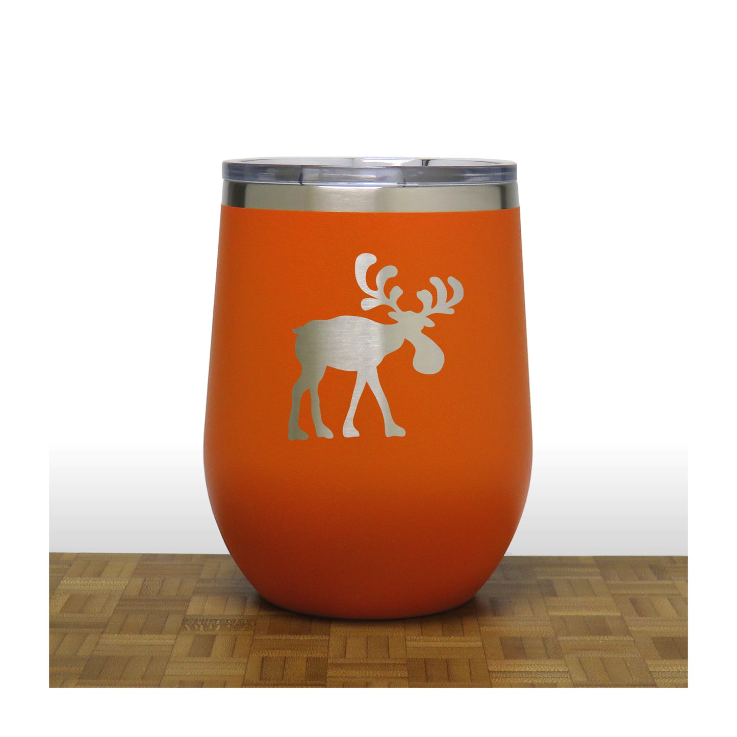 Orange - Whimsical Moose Design 2 12oz STEMLESS WINE - Copyright Hues in Glass