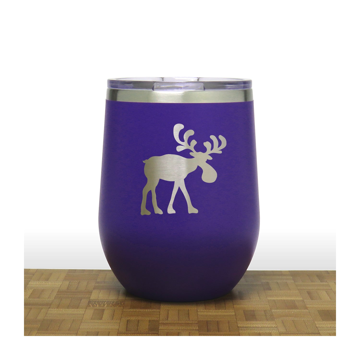 Purple - Whimsical Moose Design 2 12oz STEMLESS WINE - Copyright Hues in Glass