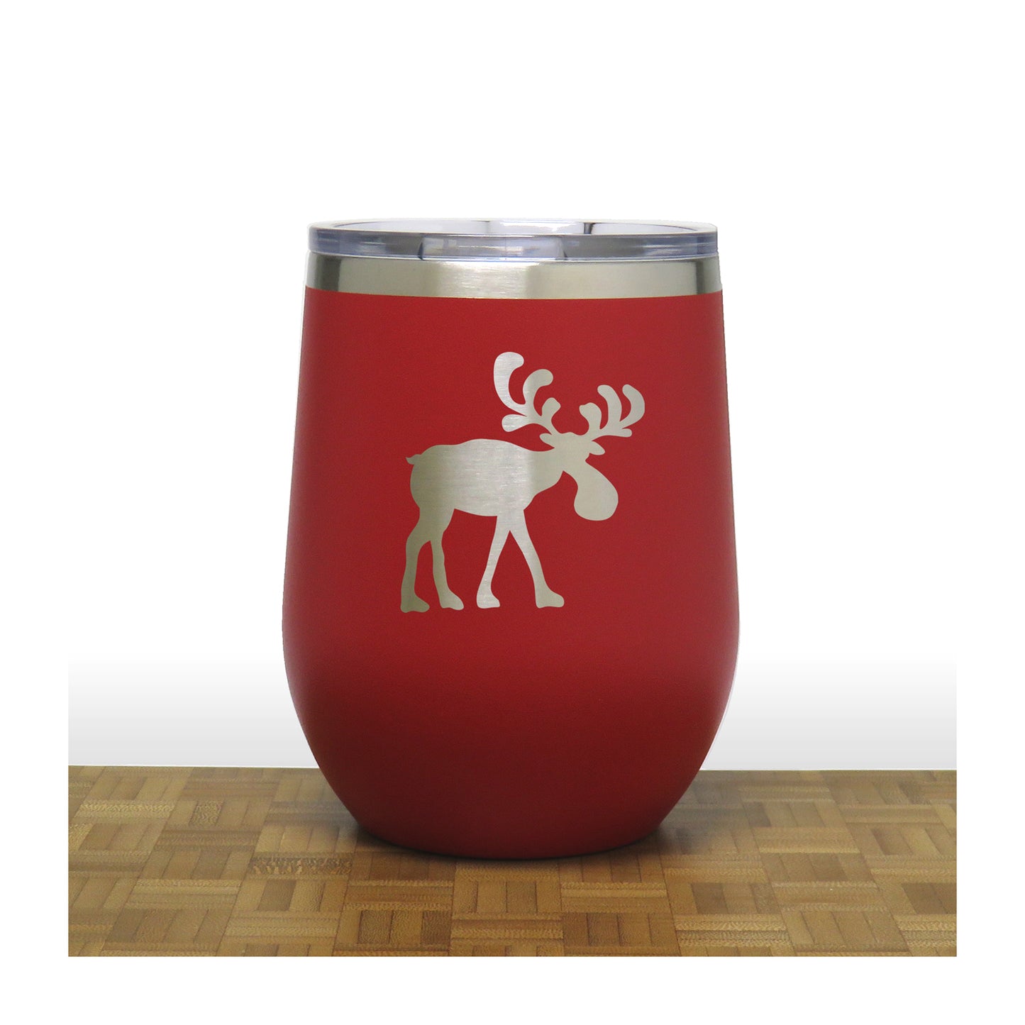 Red - Whimsical Moose Design 2 12oz STEMLESS WINE - Copyright Hues in Glass