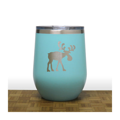 Teal - Whimsical Moose Design 2 12oz STEMLESS WINE - Copyright Hues in Glass