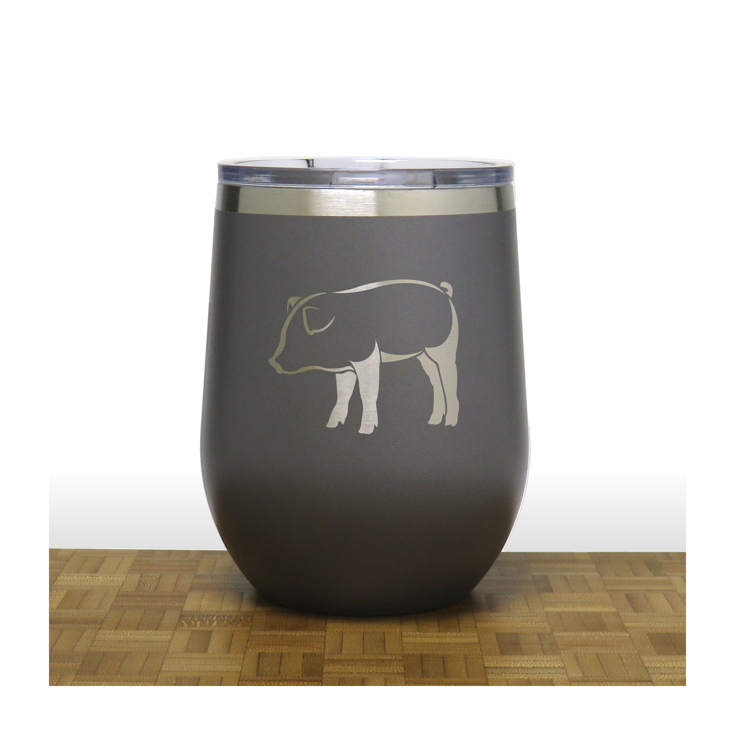 Grey - Pig Design 2 PC 12oz STEMLESS WINE - Copyright Hues in Glass